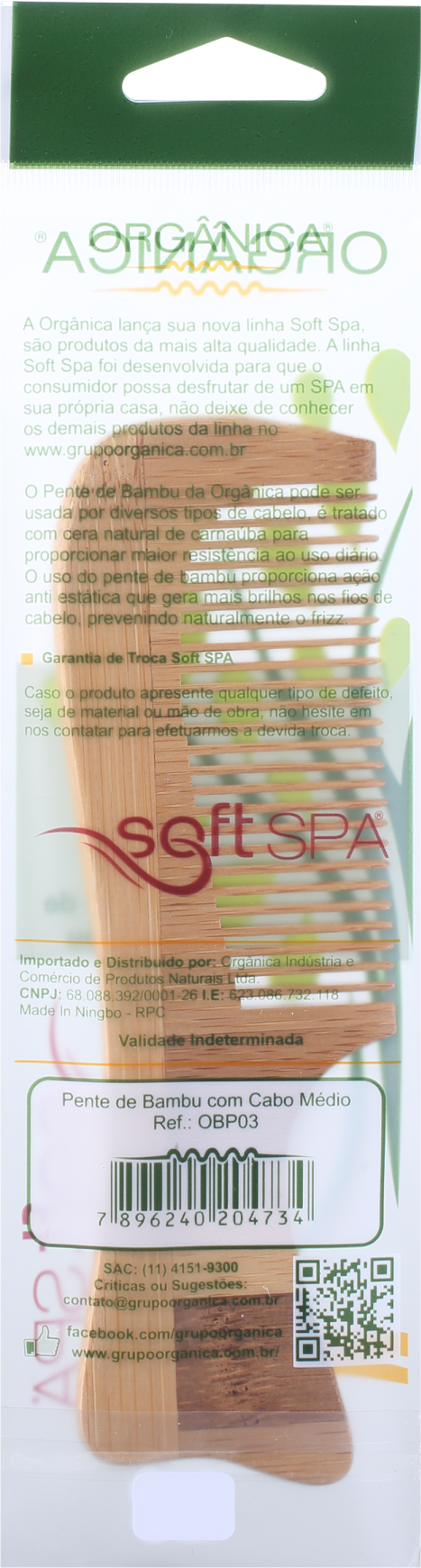 Orgânica Bambu Cabo Médio - Pente de Cabelo