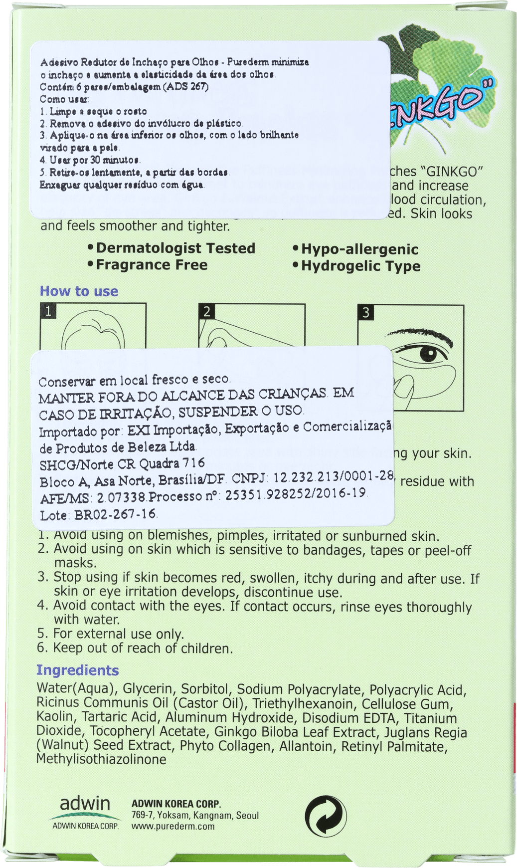 Purederm Ginko - Adesivo Redutor de Inchaço para os Olhos (6 unidades)