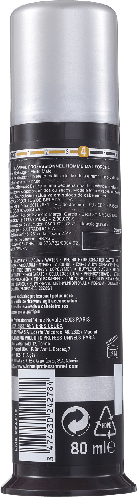 L'Oréal Professionnel Homme Mat Force 4 - Pasta de Modelagem Efeito Mate 80ml