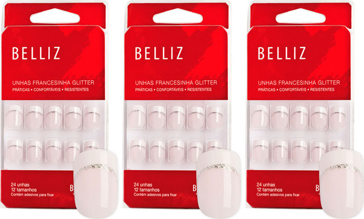 Belliz Unhas Postiças Francesinha Glitter Kit (3 Produtos)