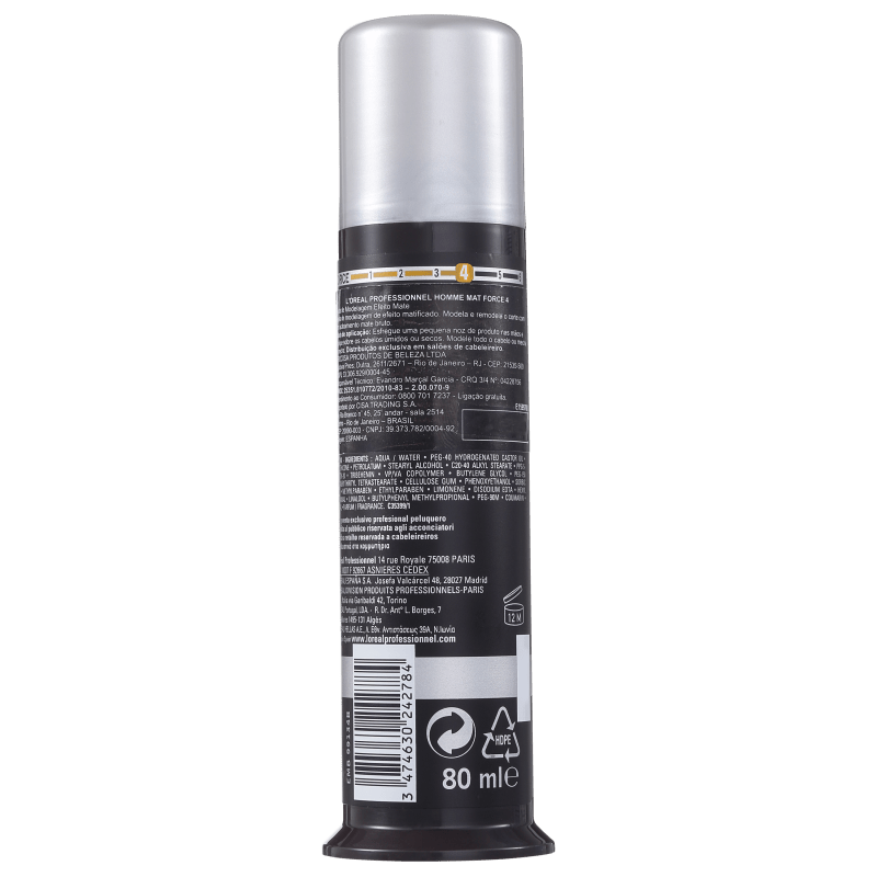 L'Oréal Professionnel Homme Mat Force 4 - Pasta de Modelagem Efeito Mate 80ml