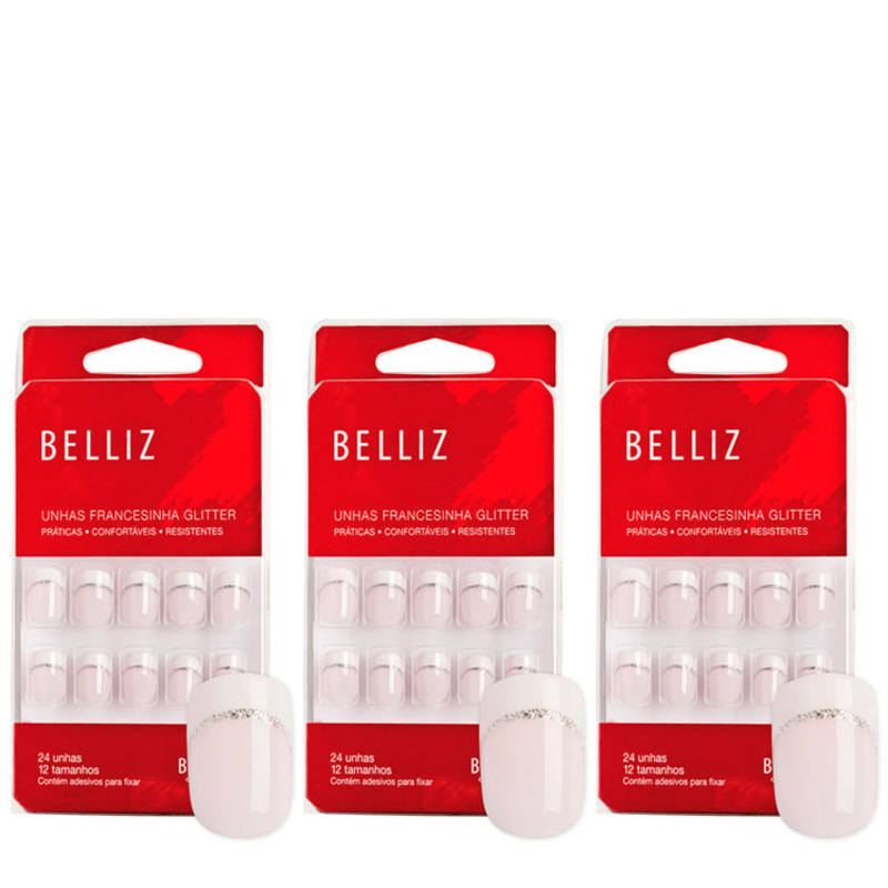 Belliz Unhas Postiças Francesinha Glitter Kit (3 Produtos)