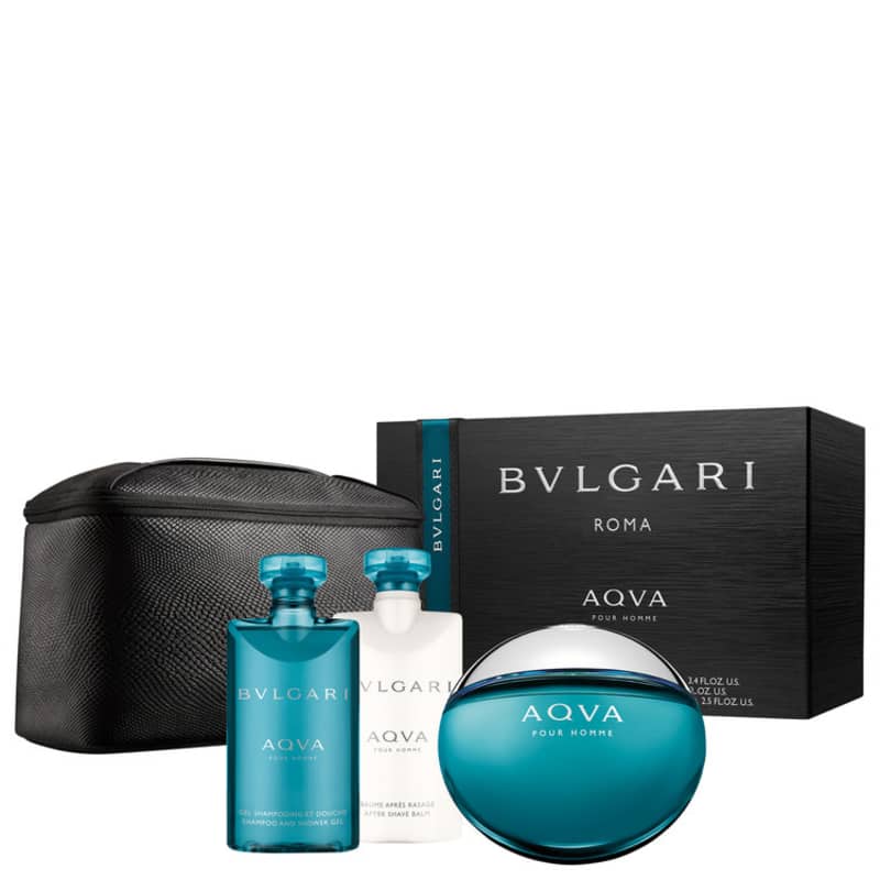 Conjunto Aqva Pour Homme Bvlgari Masculino - Eau de Toilette 100ml + Gel de Banho 75ml + Pós-Barba 75ml + Nécessaire